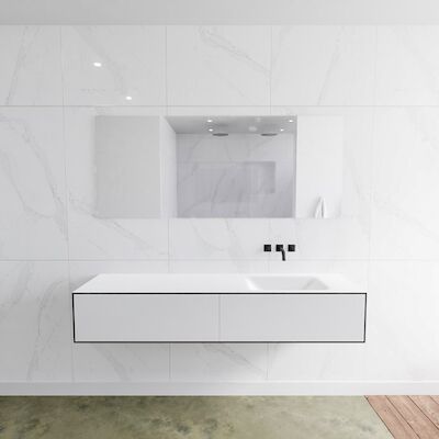 Badkamermeubelset Mondiaz LAGOM 170 cm Rechtse Wastafel Solid Surface Zonder Kraangaten Mat Wit (2 laden)