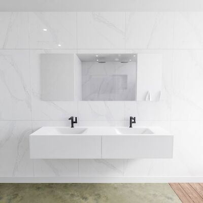 Badkamermeubelset Mondiaz LAGOM 180 cm Dubbele Waskom Solid Surface Met 2 Kraangaten Mat Wit (2 laden)