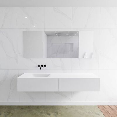 Badkamermeubelset Mondiaz LAGOM 180 cm Linkse Waskom Solid Surface Zonder Kraangaten Mat Wit (2 laden)