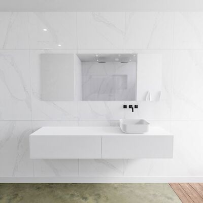 Badkamermeubelset Mondiaz LAGOM 180 cm met Topblad Rechtse Wastafel Solid Surface Opzetkom Binx Zonder Kraangaten Mat Wit (2 laden)