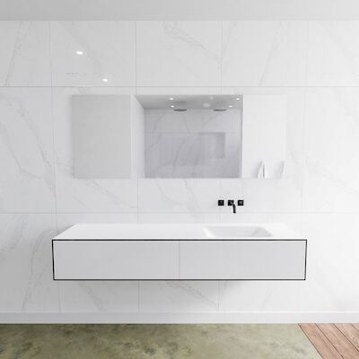 Badkamermeubelset Mondiaz LAGOM 180 cm Rechtse Wastafel Solid Surface Zonder Kraangaten Mat Wit (2 laden)
