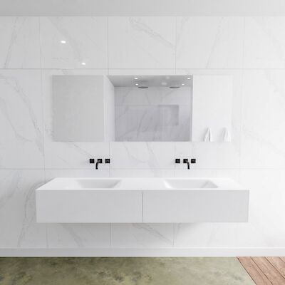 Badkamermeubelset Mondiaz LAGOM 190 cm Dubbele Waskom Solid Surface Zonder Kraangaten Mat Wit (2 laden)