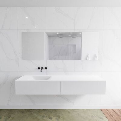 Badkamermeubelset Mondiaz LAGOM 190 cm Linkse Waskom Solid Surface Zonder Kraangaten Mat Wit (2 laden)
