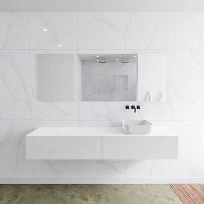 Badkamermeubelset Mondiaz LAGOM 190 cm met Topblad Rechtse Wastafel Solid Surface Opzetkom Binx Zonder Kraangat Mat Wit (2 laden)