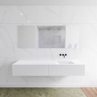 Badkamermeubelset Mondiaz LAGOM 190 cm Rechtse Waskom Solid Surface Zonder Kraangaten Mat Wit (2 laden)