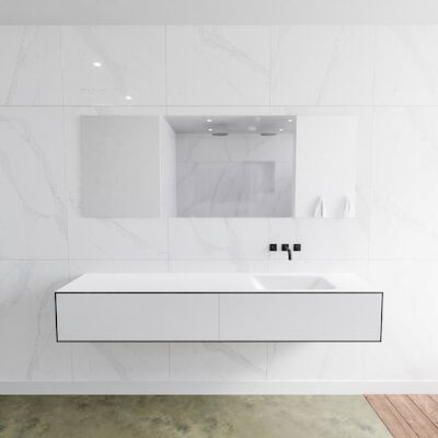 Badkamermeubelset Mondiaz LAGOM 190 cm Rechtse Wastafel Solid Surface Zonder Kraangat Mat Wit (2 laden)