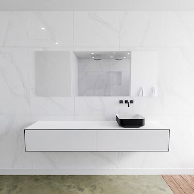 Badkamermeubelset Mondiaz LAGOM 190 cm Topblad met Rechtse Wastafel Solid Surface Opzetkom Binx Zonder Kraangaten Mat Zwart (2 laden)