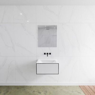 Badkamermeubelset Mondiaz LAGOM 60 cm met Gecentreerde Wastafel Solid Surface Zonder Kraangaten Mat Wit (1 lade)