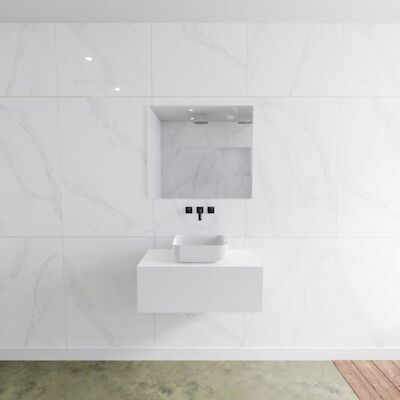 Badkamermeubelset Mondiaz LAGOM 80 cm met Topblad Gecentreerde Wastafel Solid Surface Opzetkom Binx Zonder Kraangaten Mat Wit (1 lade)