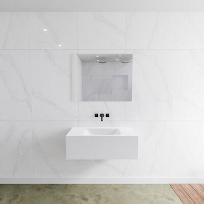 Badkamermeubelset Mondiaz LAGOM 90 cm Gecentreerde Waskom Solid Surface Zonder Kraangaten Mat Wit (1 lade)