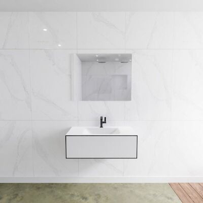 Badkamermeubelset Mondiaz LAGOM 90 cm met Gecentreerde Wastafel Solid Surface Met 1 Kraangat Mat Wit (1 lade)