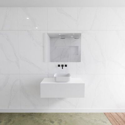 Badkamermeubelset Mondiaz LAGOM 90 cm met Topblad Gecentreerde Wastafel Solid Surface Opzetkom Binx Zonder Kraangaten Mat Wit (1 lade)