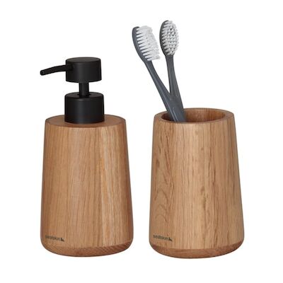 Badkamerset – Zeepdispenser 150 ml/Tandenborstelbeker Sealskin Earth Eiken