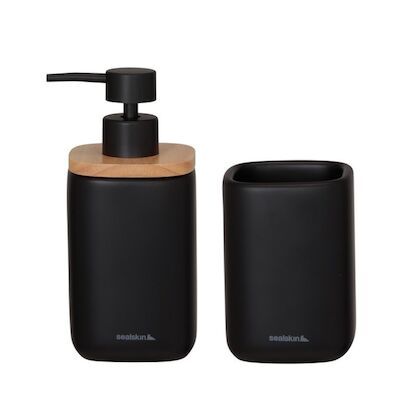 Badkamerset – Zeepdispenser 200 ml / Tandenborstelbeker Sealskin Mind Zwart