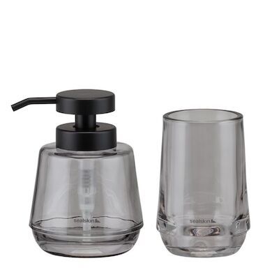 Badkamerset – Zeepdispenser 380 ml / Tandenborstelbeker Sealskin Mood Grijs