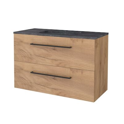 Badmeubelset BWS Salt 100x46cm Met Grepen 2 Lades Met Wastafel Hardsteen 1 Kraangat Whisky Oak