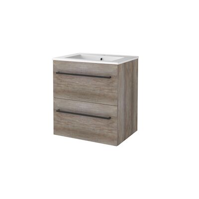 Badmeubelset BWS Salt 60x46cm Met Grepen 2 Lades Met Wastafel 1 Kraangat Scotch Oak