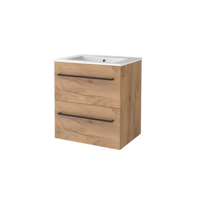 Badmeubelset BWS Salt 60x46cm Met Grepen 2 Lades Met Wastafel 1 Kraangat Whisky Oak