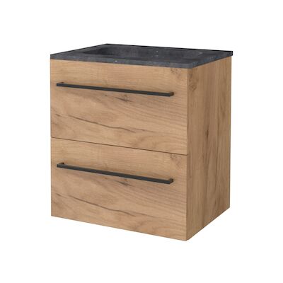 Badmeubelset BWS Salt 60x46cm Met Grepen 2 Lades Met Wastafel Hardsteen 1 Kraangat Whisky Oak