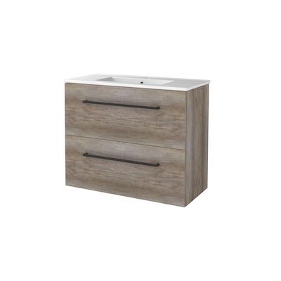 Badmeubelset BWS Salt 80x39cm Met Grepen 2 Lades Met Wastafel 1 Kraangat Scotch Oak