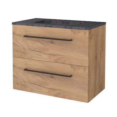 Badmeubelset BWS Salt 80x46cm Met Grepen 2 Lades Met Wastafel Hardsteen 1 Kraangat Whisky Oak