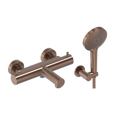 Badthermostaat Combiset MAY Incl. Verstelbare Wandsteun, Doucheslang 125 cm & 3-Standen Handdouche Geborsteld Mat Koper PVD