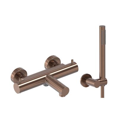 Badthermostaat Combiset MAY Incl. Verstelbare Wandsteun, Doucheslang 125 cm & Staaf Handdouche Geborsteld Mat Koper PVD