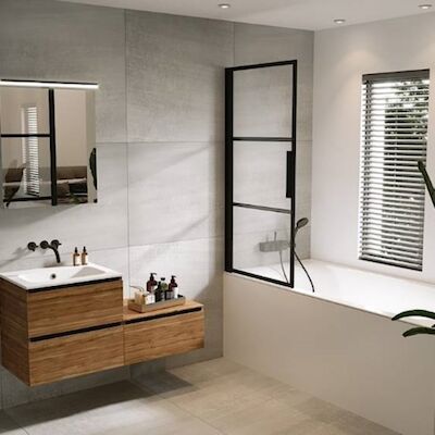 Badwand met Klapdeur Riho Grid 80×150 cm 6 mm Helderglas Zwarte Profielen Links
