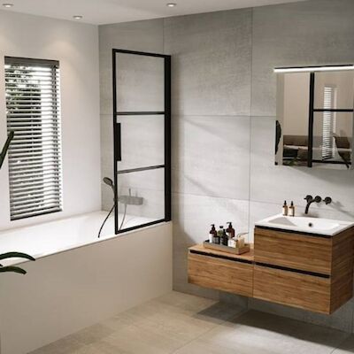 Badwand met Klapdeur Riho Grid 80×150 cm 6 mm Helderglas Zwarte Profielen Rechts