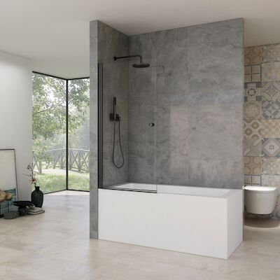 Badwand Van Rijn ST02 Klapwand 80×150 cm Helder Glas 6 mm Zwart