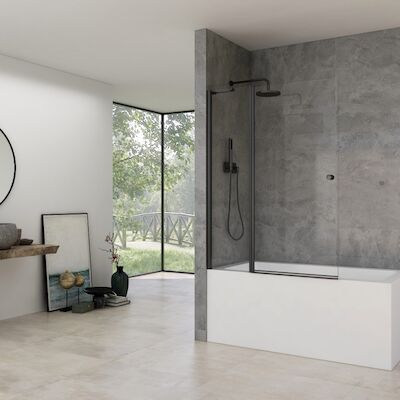 Badwand Van Rijn ST02 Klapwand + Vaste Wand 120×150 cm Helder Glas 6 mm Zwart