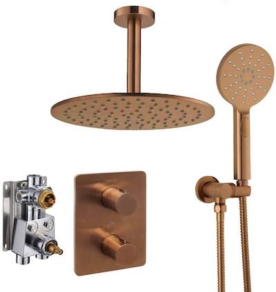 Ben Lavion 250 inbouw regendoucheset met 4 straalsoorten en plafondaansluiting Ø25cm geborsteld koper pvd
