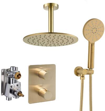 Ben Lavion 250 inbouw regendoucheset met 4 straalsoorten en plafondaansluiting Ø25cm geborsteld messing pvd
