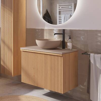 Ben Linea voorgemonteerd badmeubel incl. beige betonnen waskom 80cm eiken naturel/beige beton kraangat rechts