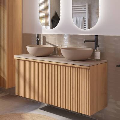 Ben Linea voorgemonteerd badmeubel incl. beige betonnen waskommen 120cm eiken naturel/beige beton
