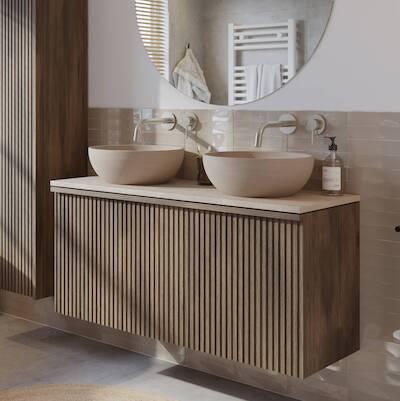 Ben Linea voorgemonteerd badmeubel met beige betonnen waskommen 120cm eiken grijs