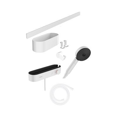 Bundelset Handdouche HansGrohe WallStoris Thermostaat Glijstang en Opbergset Mat Wit