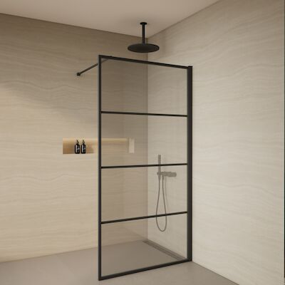 BWS Douchewand Evis 8mm Glas | Mat Zwart | Raster | Inloopdouche (Alle maten)