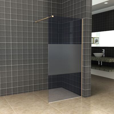 BWS Inloopdouche Pro Line Rookglas met Middenband 100×200 8mm Nano Coating Geborsteld Messing Goud Profiel en Stang