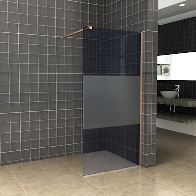 BWS Inloopdouche Pro Line Rookglas met Middenband 8mm Nano Coating Geborsteld Messing Koper Profiel en Stang (ALLE MATEN)