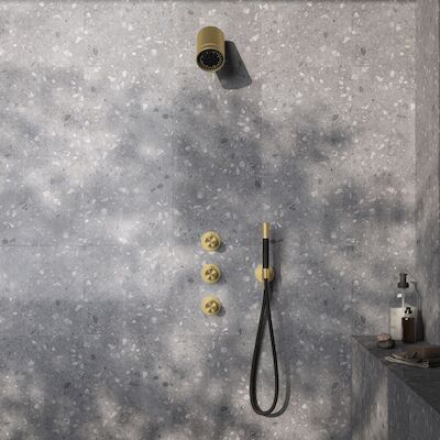 Complete Thermostatische Douche InBouwSet Hotbath Archie Met 2 stopkranen En Beam Geborsteld Messing PVD