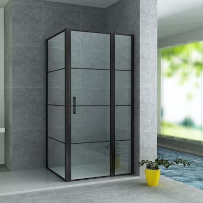Douchecabine BWS Creton 90x140x200cm Draaideur incl Zijwand 8 mm Glas Mat Zwart Raster