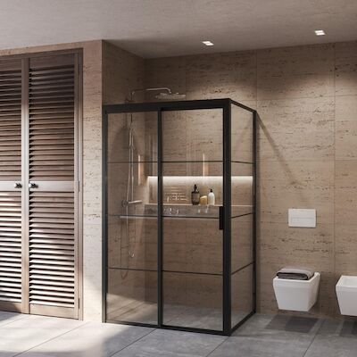 Douchecabine BWS Frame met Schuifdeur en Vaste Wand Links Helder Glas 130×200 cm Mat Zwart