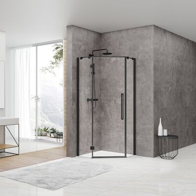 Douchecabine Van Rijn ST05 Vijfhoek Met Standaard Deur 100×200 cm 8 mm Helder Glas Zwart