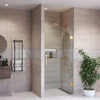 Douchedeur BWS Portos Profielloos Geborsteld Messing Goud 100×200 cm Helder Glas 8 mm Nano Coating