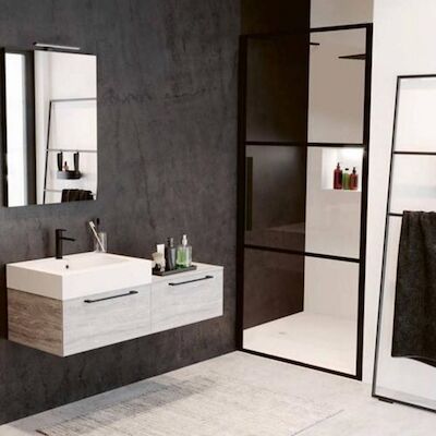 Douchedeur met Klapdeur Riho Grid 80×200 cm 6 mm Helderglas Zwarte Profielen