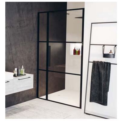 Douchedeur met Vast Paneel Riho Grid 130×200 cm 6 mm Helderglas Zwarte Profielen
