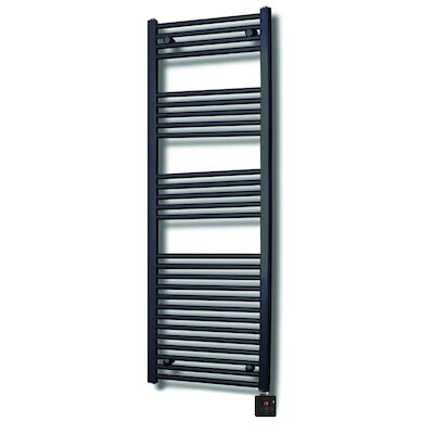 Elektrische Design Radiator Sanicare Plug & Play 172×45 cm Mat Zwart 596 Watt Met Zwarte Thermostaat En Bluetooth Links OP = OP!
