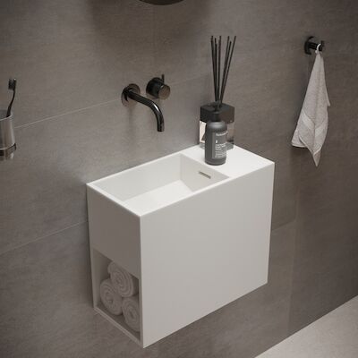 Fontein Ideavit Solidwash 45x22x38 cm Solid Surface Omkeerbaar Met Handdoekvak Mat Wit
