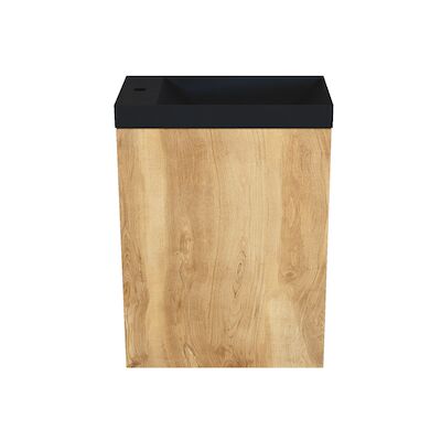 Fonteinkast Natural Oak Arcqua Luna 40x55x28 cm Incl. Fontein Mat Zwart Zonder Overloop